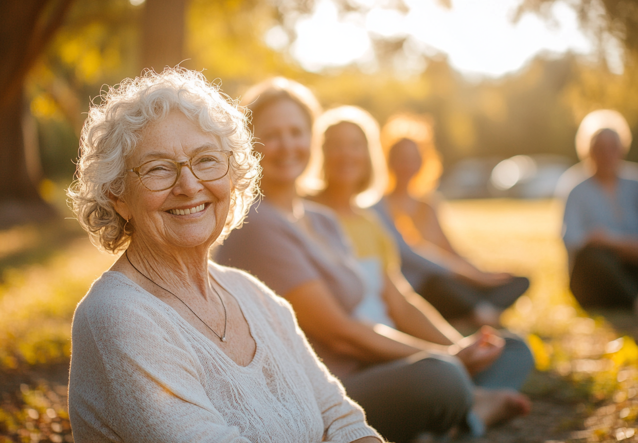 Жінка середнього віку практикує йогу на природі